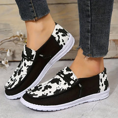 Cow Print Flat Loafers Slip On Canvas Shoes Round Toe Low Top