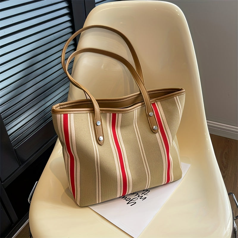 Retro Striped Tote Bag Canvas Shoulder Bag Women's Casual Versatile Handbag