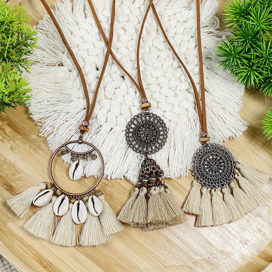 Boho Ethnic Tassel Pendant Necklaces Retro Rhinestone Drip Oil Alloy Necklace