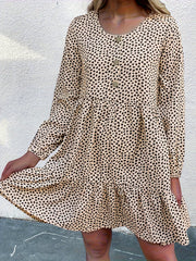  Dot Print Lantern Sleeve Round Neck Dress