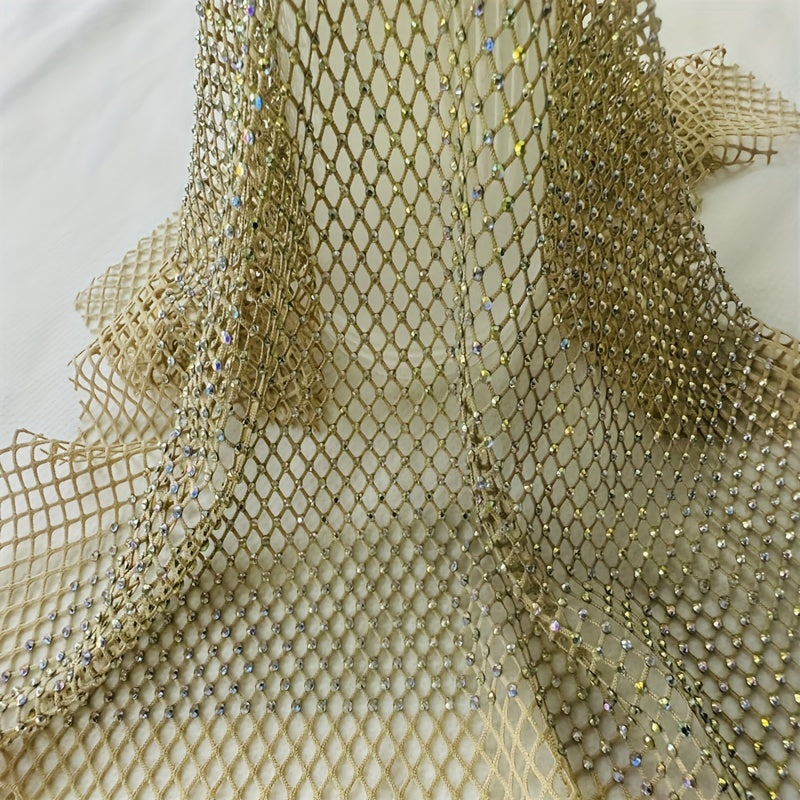 Golden Shadow Rhinestones Mesh Applique Fabric Elastic Crystal Trim