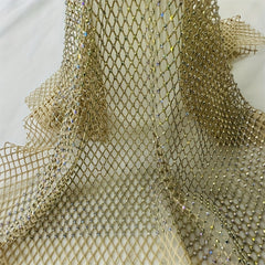 Golden Shadow Rhinestones Mesh Applique Fabric Elastic Crystal Trim