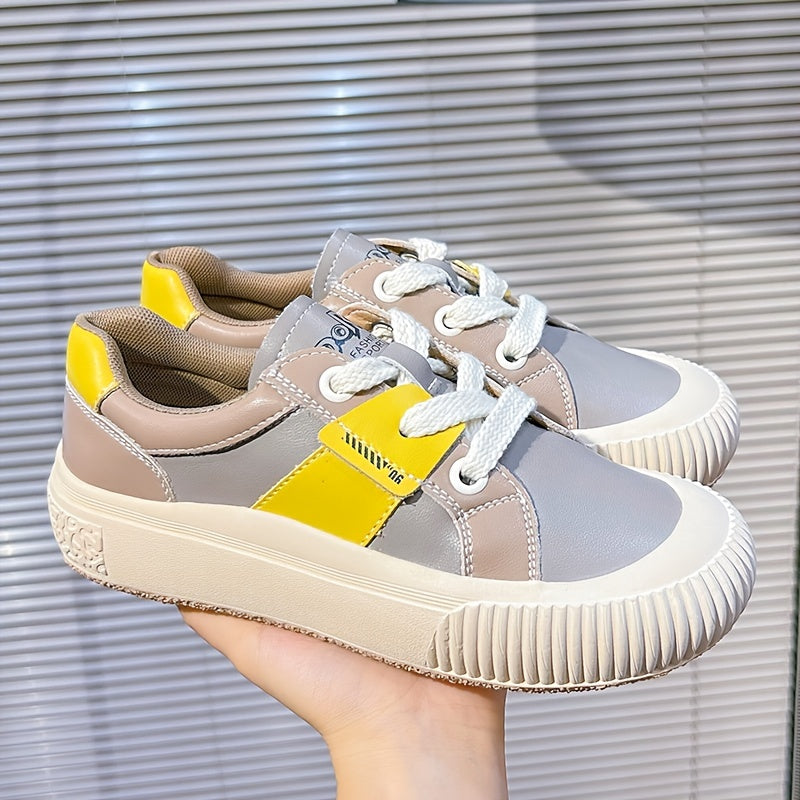Women's Retro Block Faux Leather Sneakers Lace Up Sport Shoes
