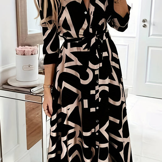  Letter Print Shirt Dress With Belt