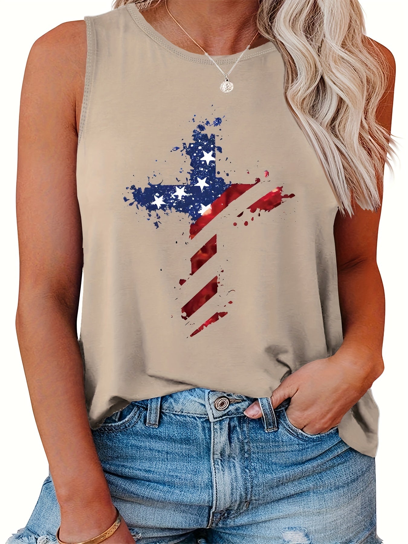  Casual Tank Top Women's Plus Flag Pattern Cross Print Tank Top
