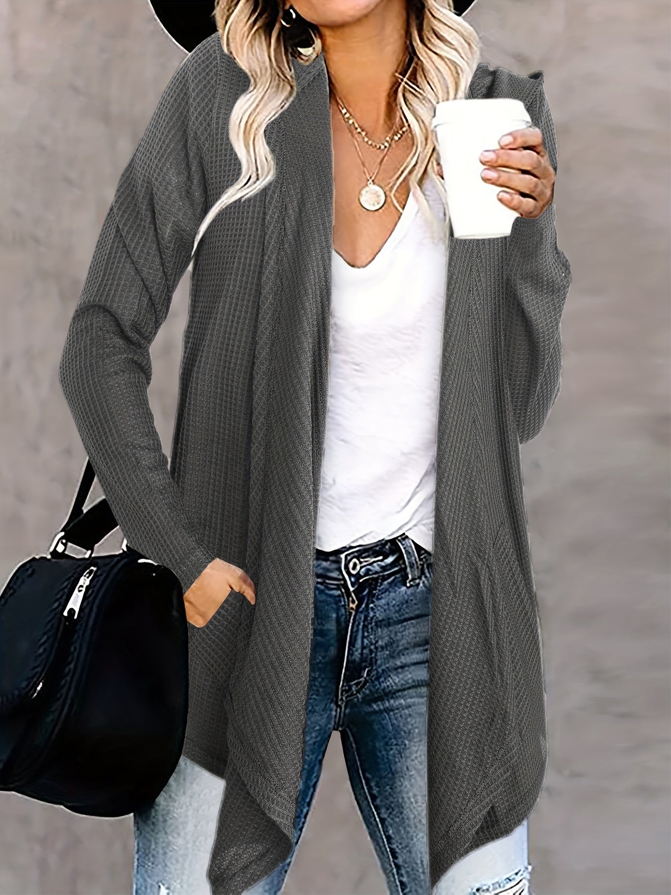  Solid Waffle Pattern Cardigan with Pockets