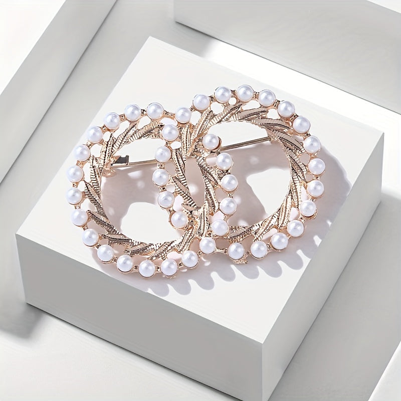 Vintage Double Rings Brooch with Faux Pearls