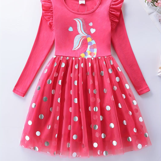 Girls' Mermaid Print Cotton Long Sleeve Tutu Dress Birthday Party Mesh Dress