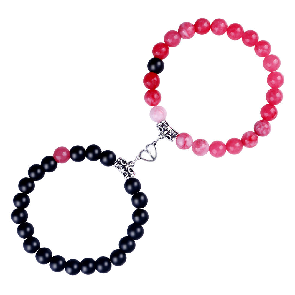 Crackle Beaded Bracelet Set Magnetic Heart Pendant Matte Beaded Couples Bracelet