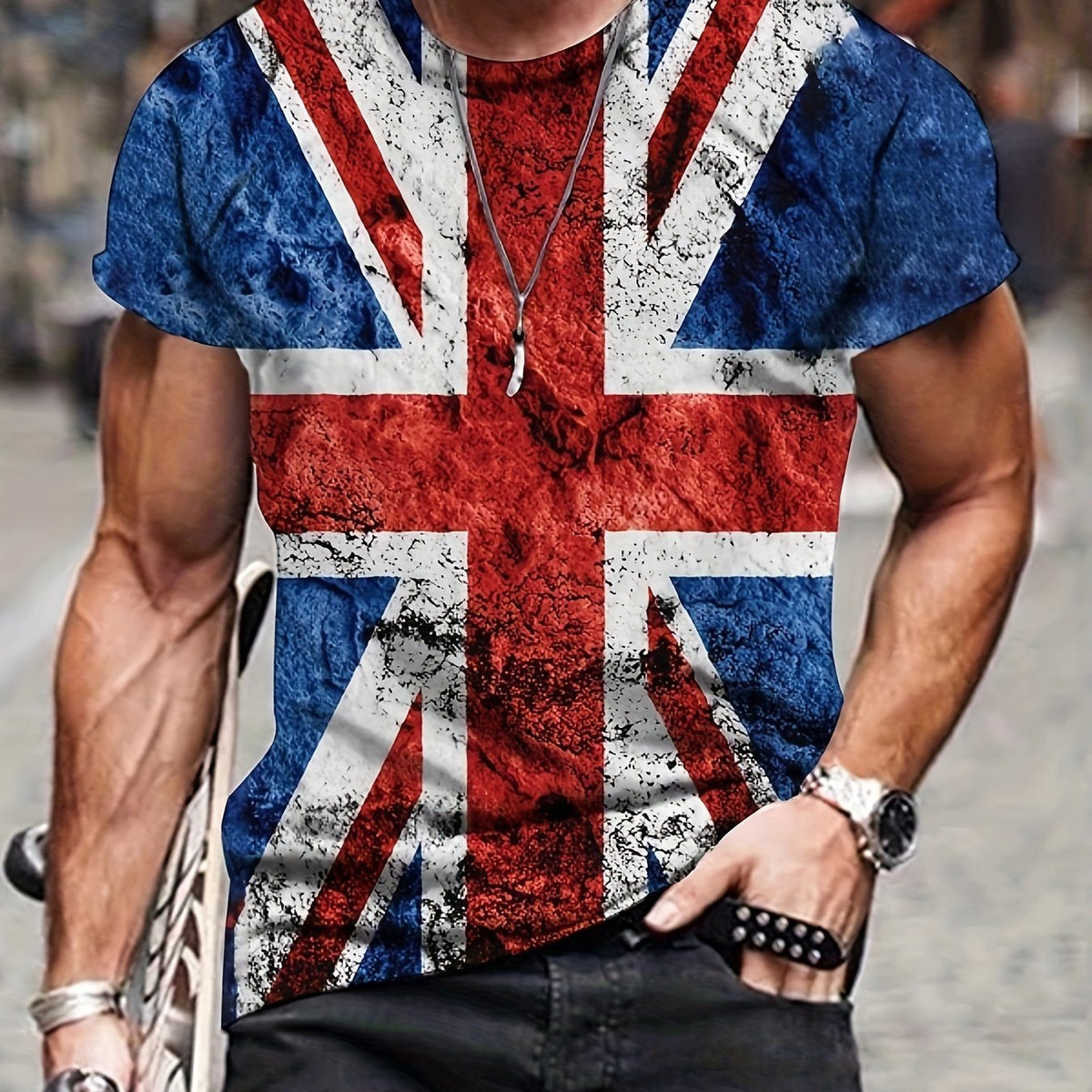 Men's Vintage British Flag Print T shirt Mid Stretch Crew Neck Tee