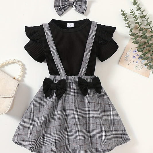 Toddler Girls Ribbed Knit T-shirt Top & Plaid Suspender Skirt