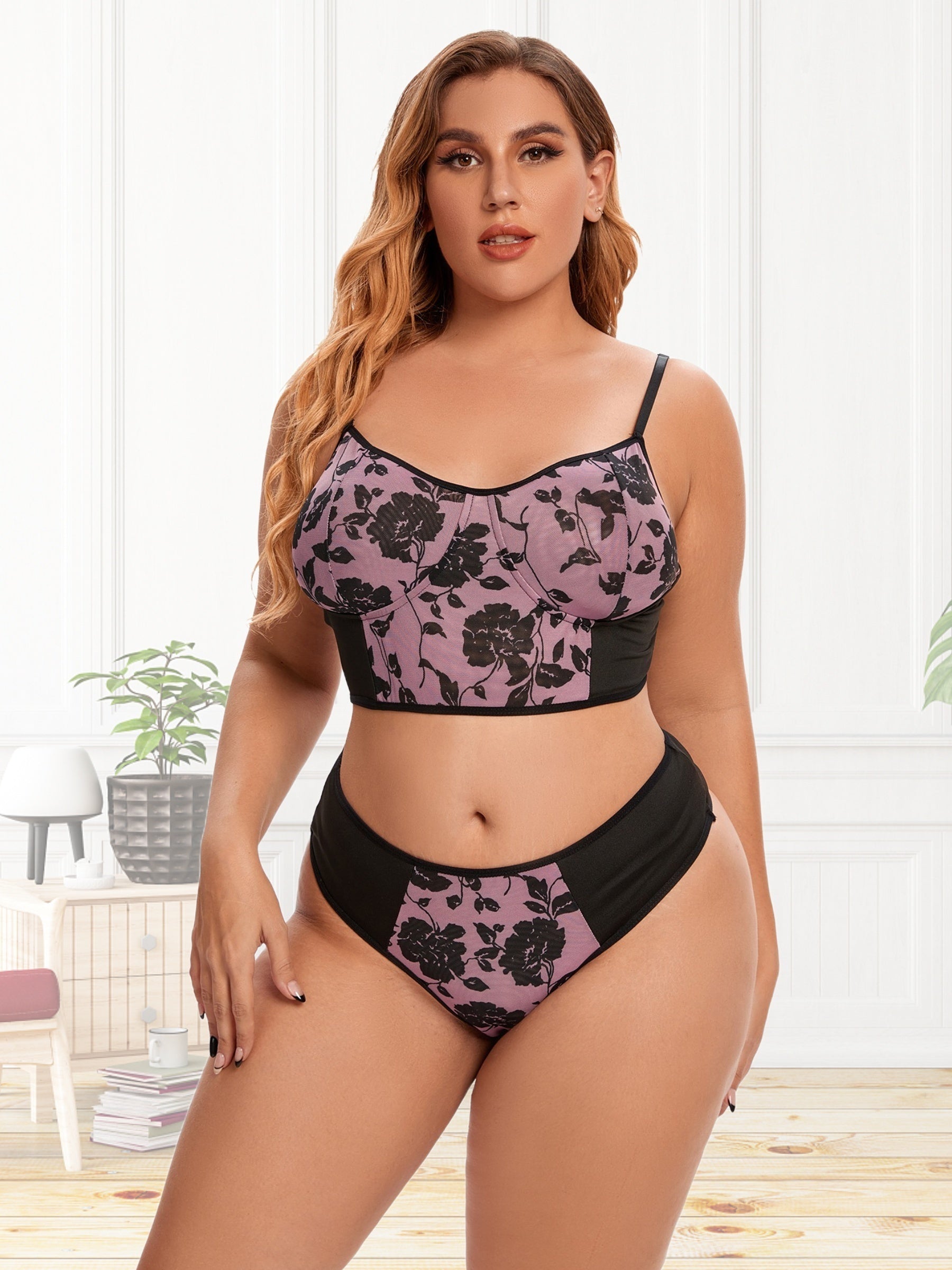 Floral Print Longline Push-Up Bra & Underwear Set