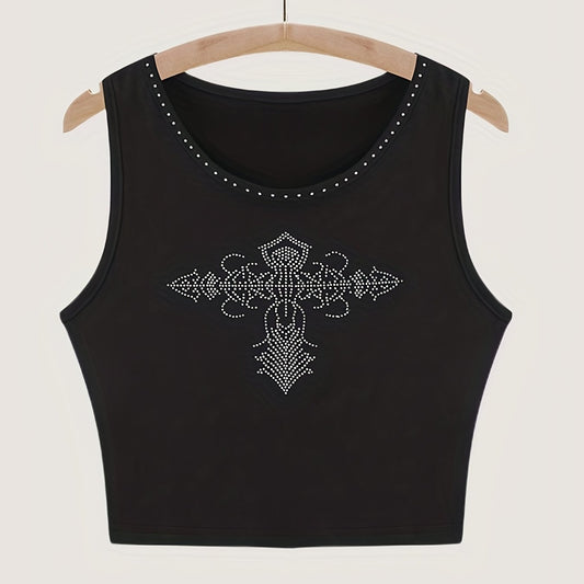Rhinestone Graphic Print Crew Neck Tank Top
