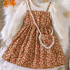 2pcs Kid Girls' Ruffled Floral Princess Dress With Pockets