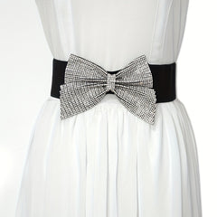 Rhinestone Bow Wide Belt Elastic Waistband Dress Girdle For Women