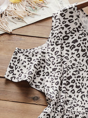  Leopard Print Cold Shoulder Round Neck Smock Dress