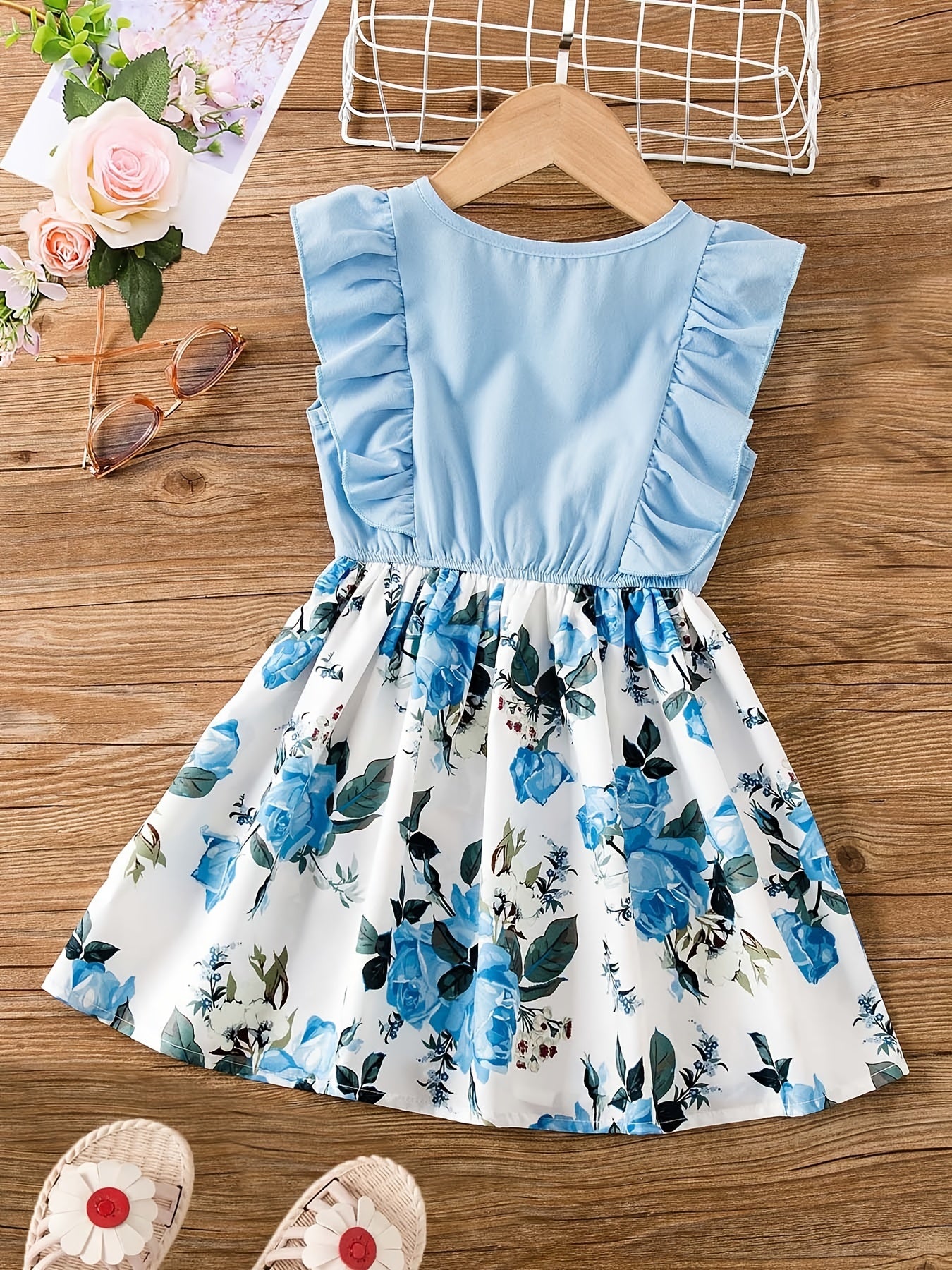 Girls Casual Ruffled Dress with Flower Print Bow for Summer