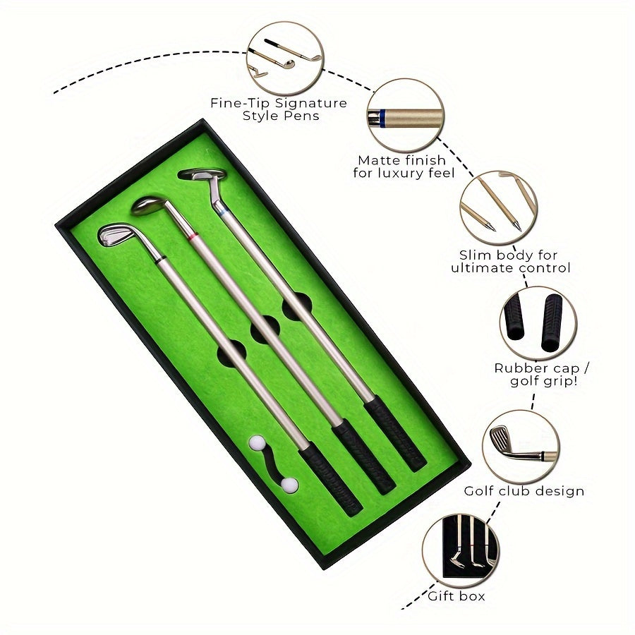 Golf Pen Set Mini Desktop Metal Club Gift Flag 3 Pens 2 Balls