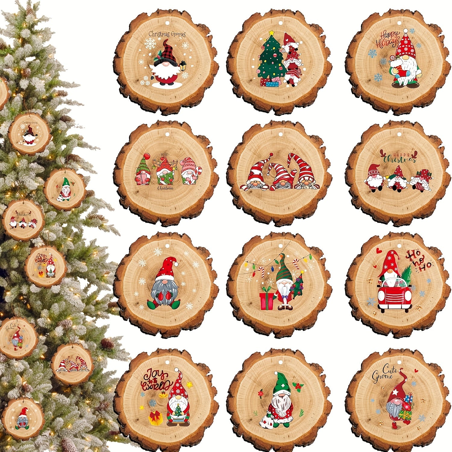 24pcs Vintage Christmas Wooden Ornaments Set Merry Christmas Gnome Designs