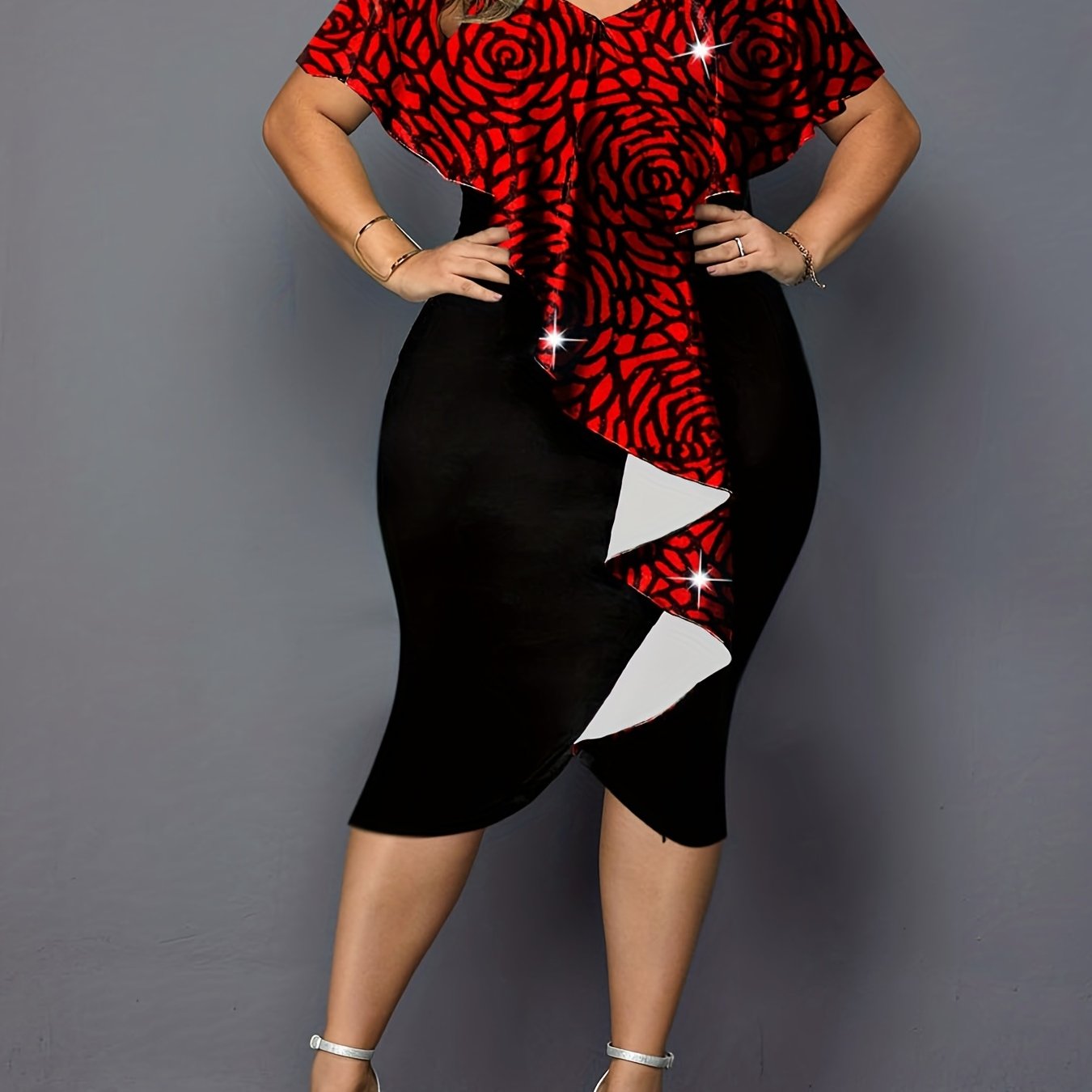  Rose Print Cape Sleeve Bodycon Pencil Dress