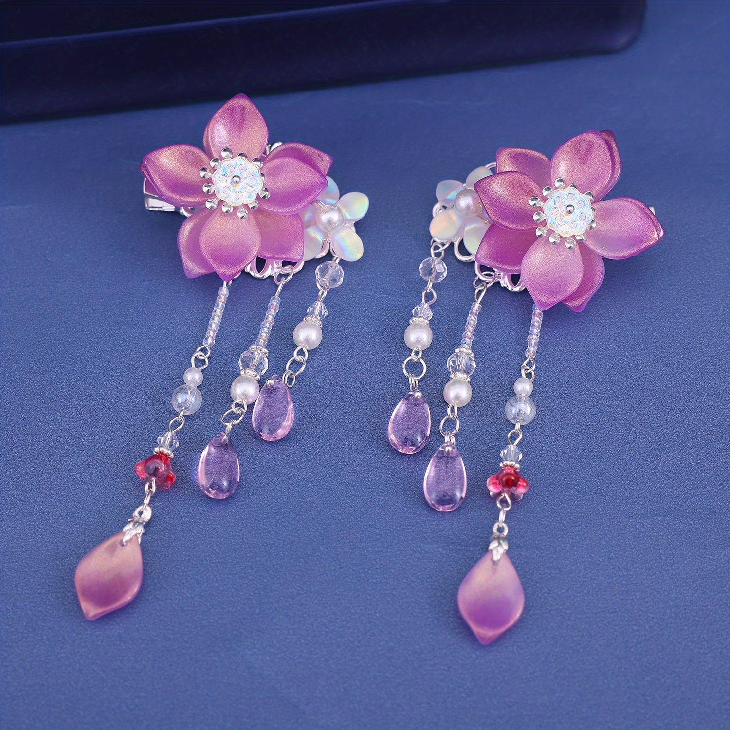 Girls Purple Tassel Flower Hair Clips, Resin Beads Hair Accessories