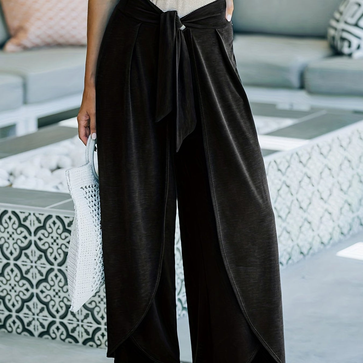 Bow Front Pleated Pants Loose Fit