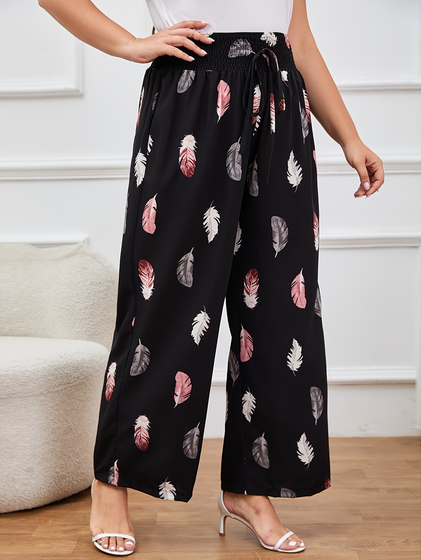  Feather Print Wide Leg Trousers
