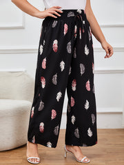 Feather Print Wide Leg Trousers