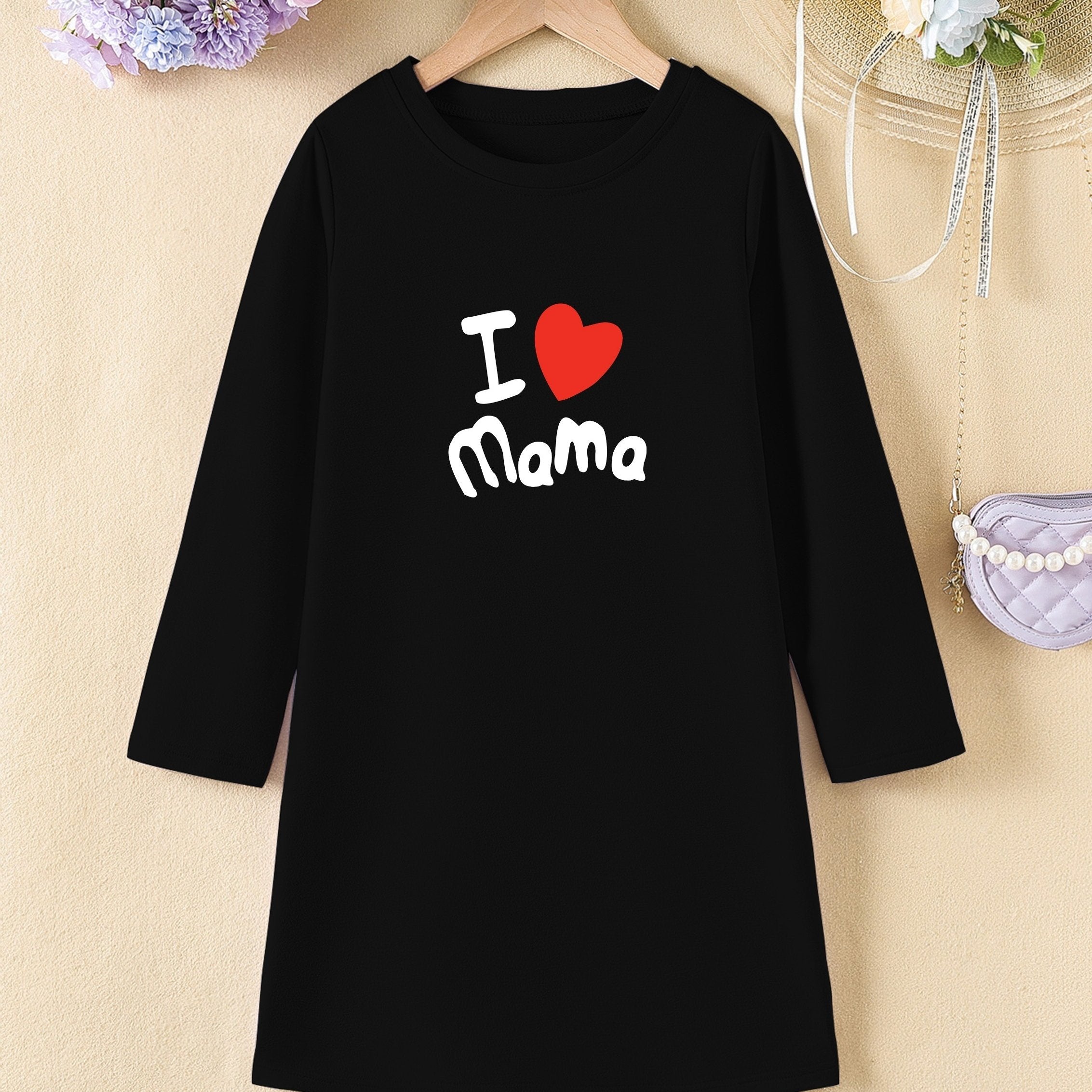 Girls' 'I Love Mama' Print A line Dress Spring Fall Kids Clothes