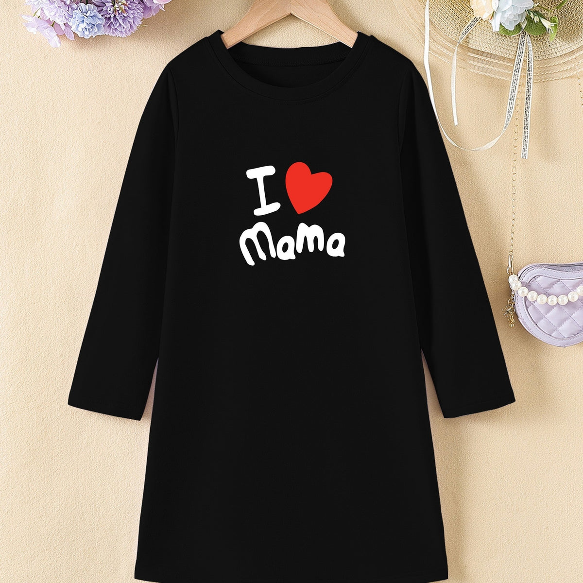 Girls' 'I Love Mama' Print A line Dress Spring Fall Kids Clothes