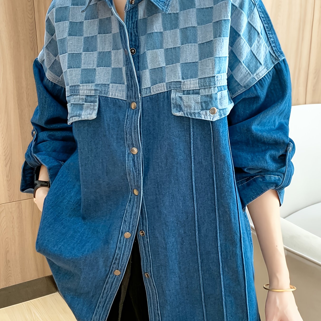  Colorblock Checker Print Denim Shacket
