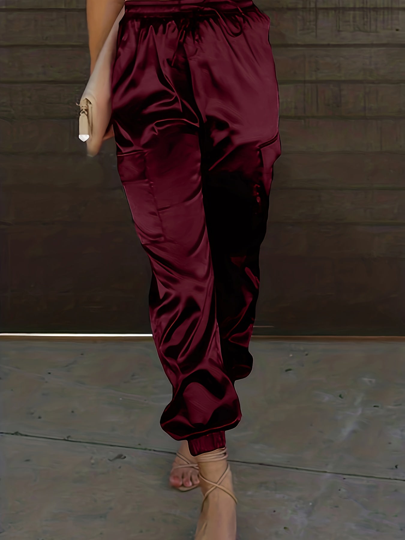 Women's Plus Solid Satin Cargo Pants With Drawstring Waist