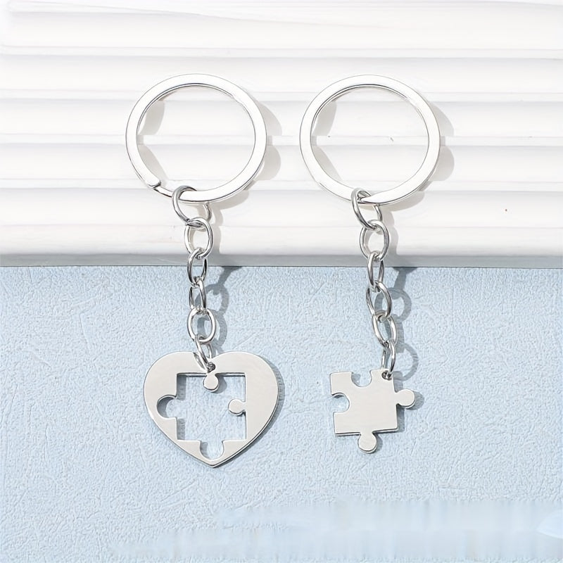 Love Heart Puzzle Keychain Couple Stainless Steel Keychain