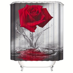 Romantic Floral Red Rose Shower Curtain Set with Non Slip Mat and Hooks