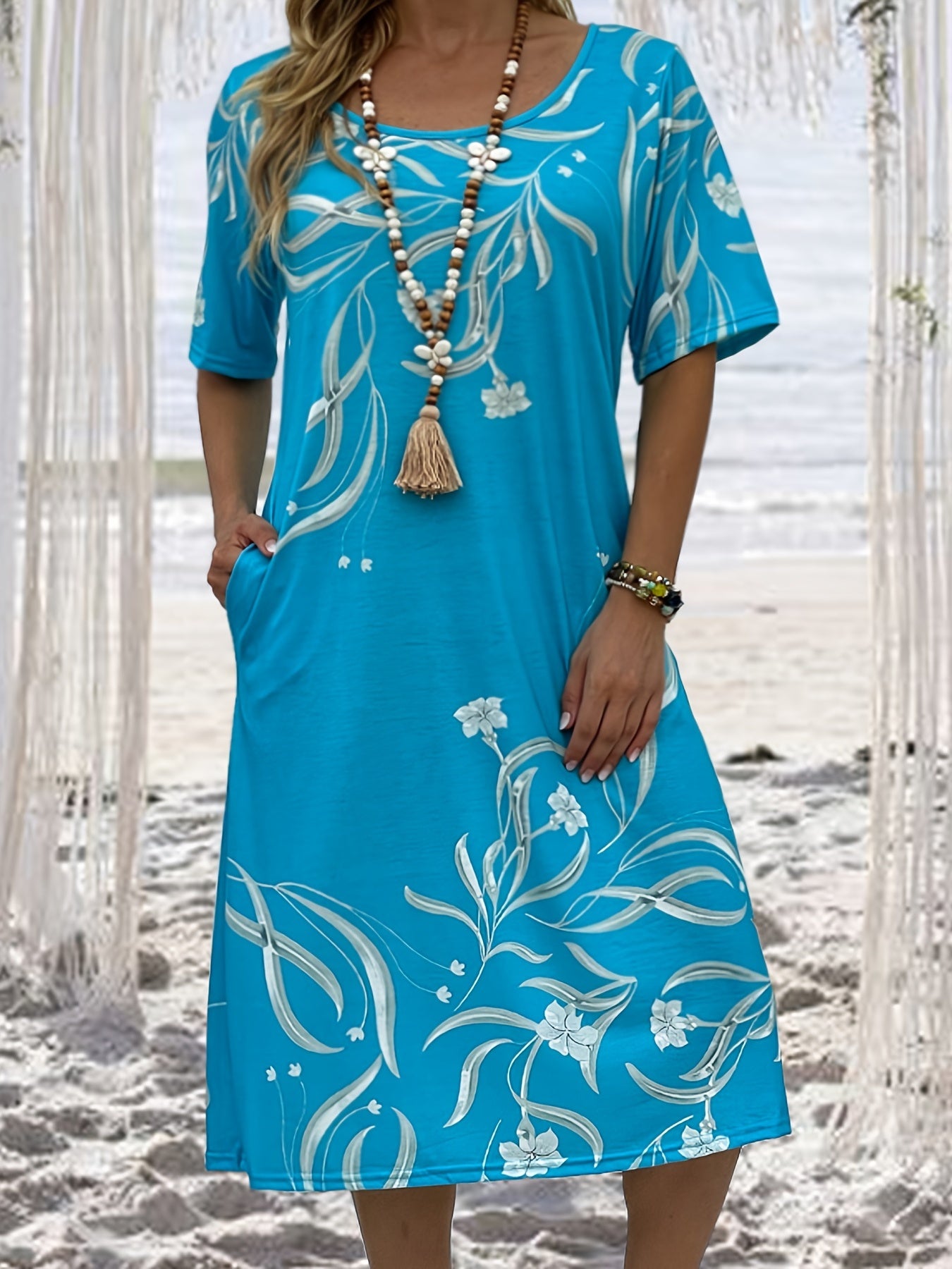  Boho Dress Women's Plus Floral Print Midi T shirt Dress