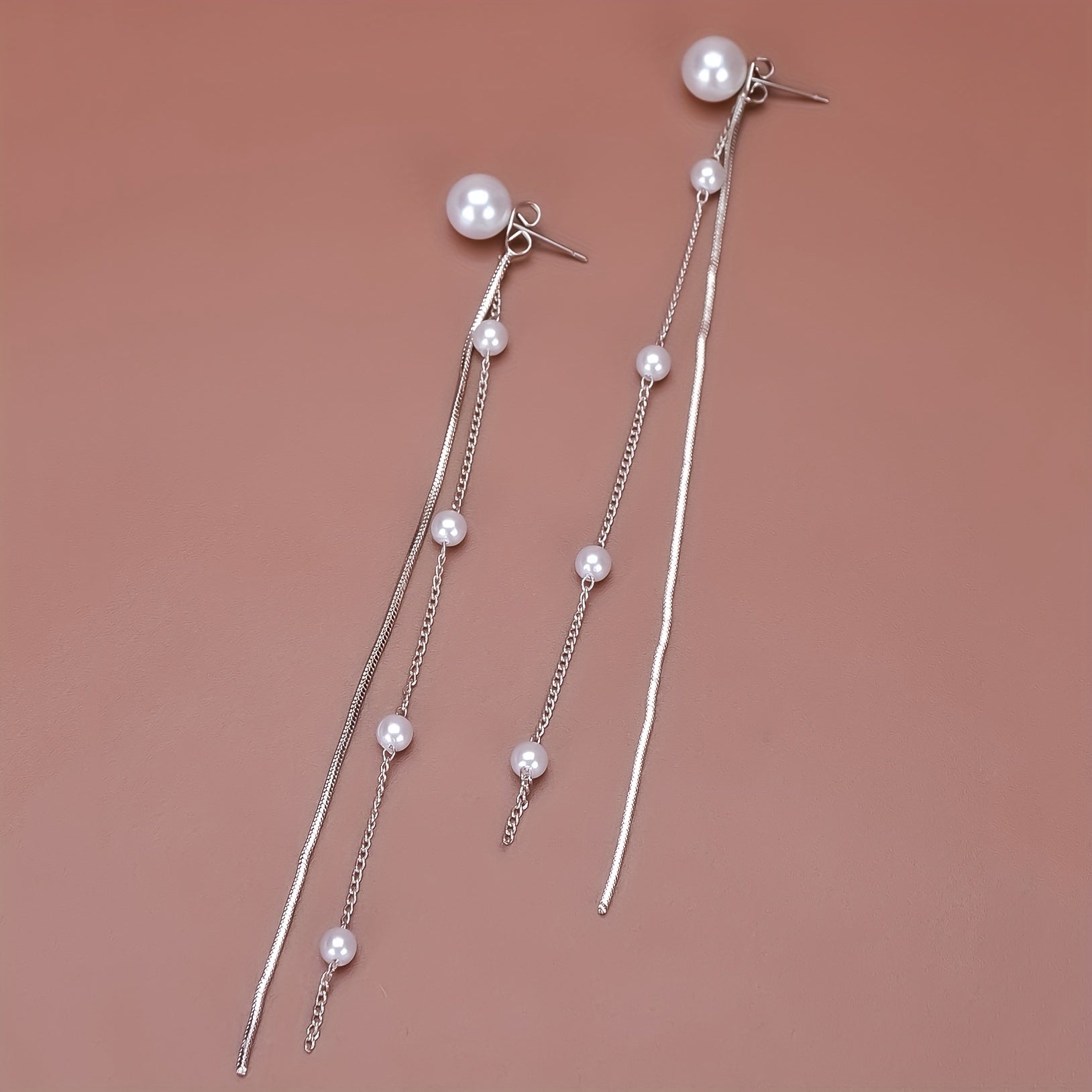 Long Dangle Earrings with Faux Pearl Decor