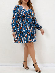Plus Size Leopard Print Lantern Sleeve A-line Dress With Belt