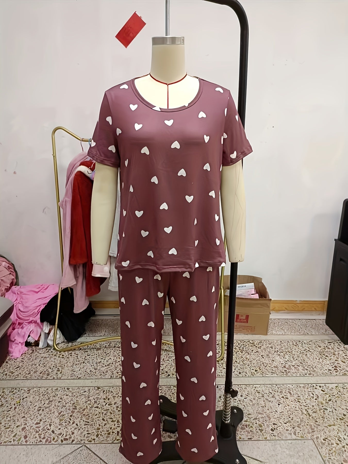 Heart Print Pajama Set Short Sleeve Round Neck Top & Elastic Waistband Pants