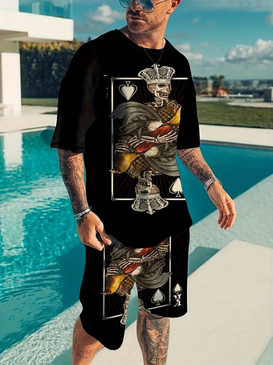 Poker Pattern Men's 2 Piece Outfits Short Sleeve T-shirt & Casual Shorts Set