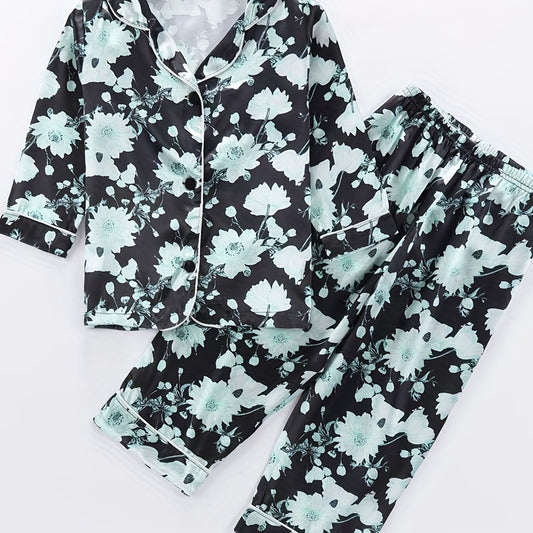 Girls Floral Print Long Sleeve Top & Pants Pajamas Set