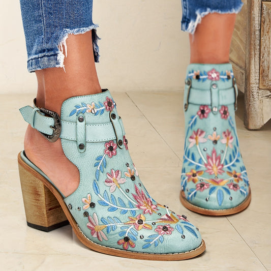 Embroidered & Studded Chunky Heeled Boots