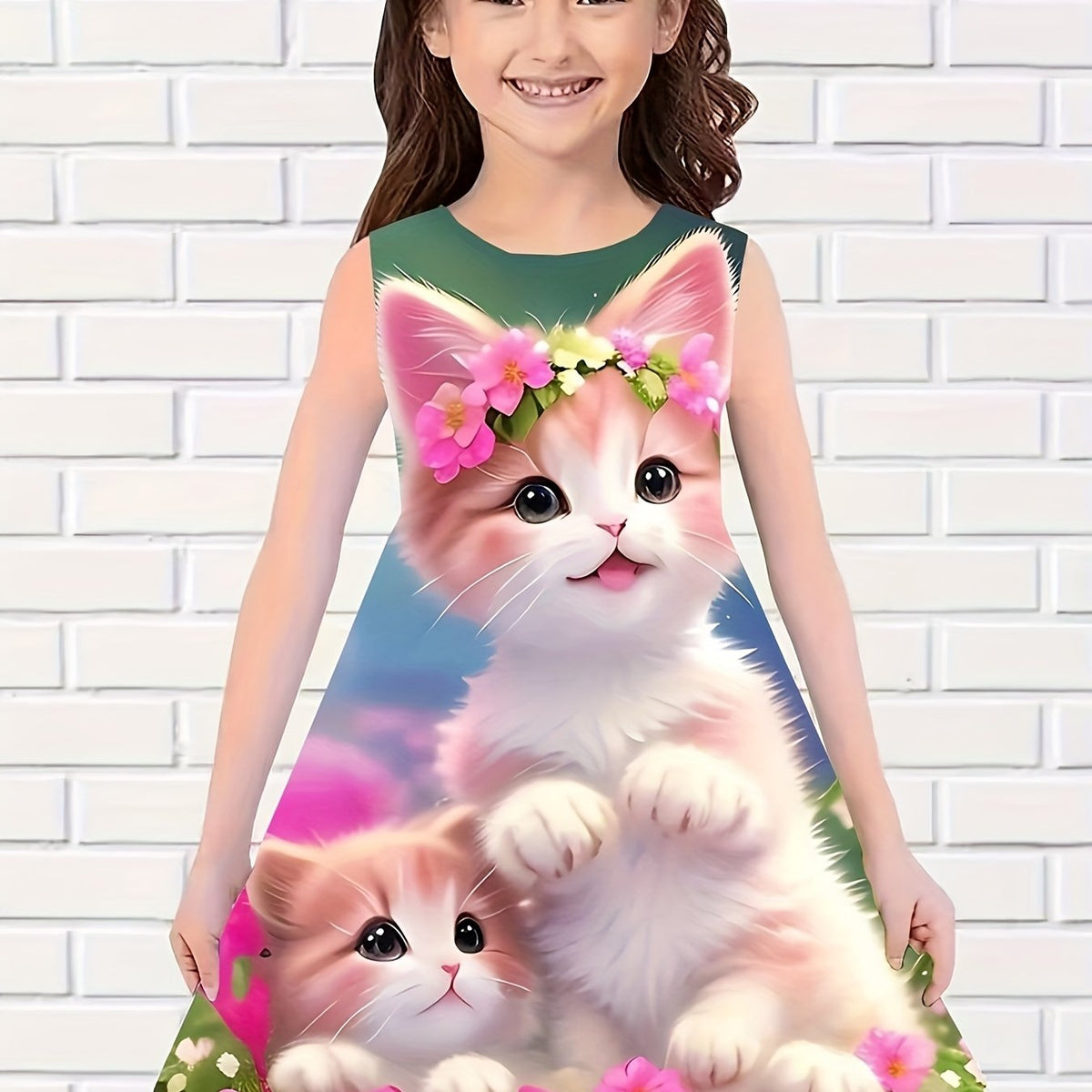Girls Kitty Flower Sleeveless Dress For Summer Party