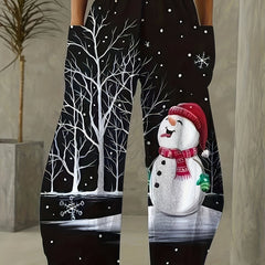 Women's Plus Snowman Print High Rise Wide Leg Trousers