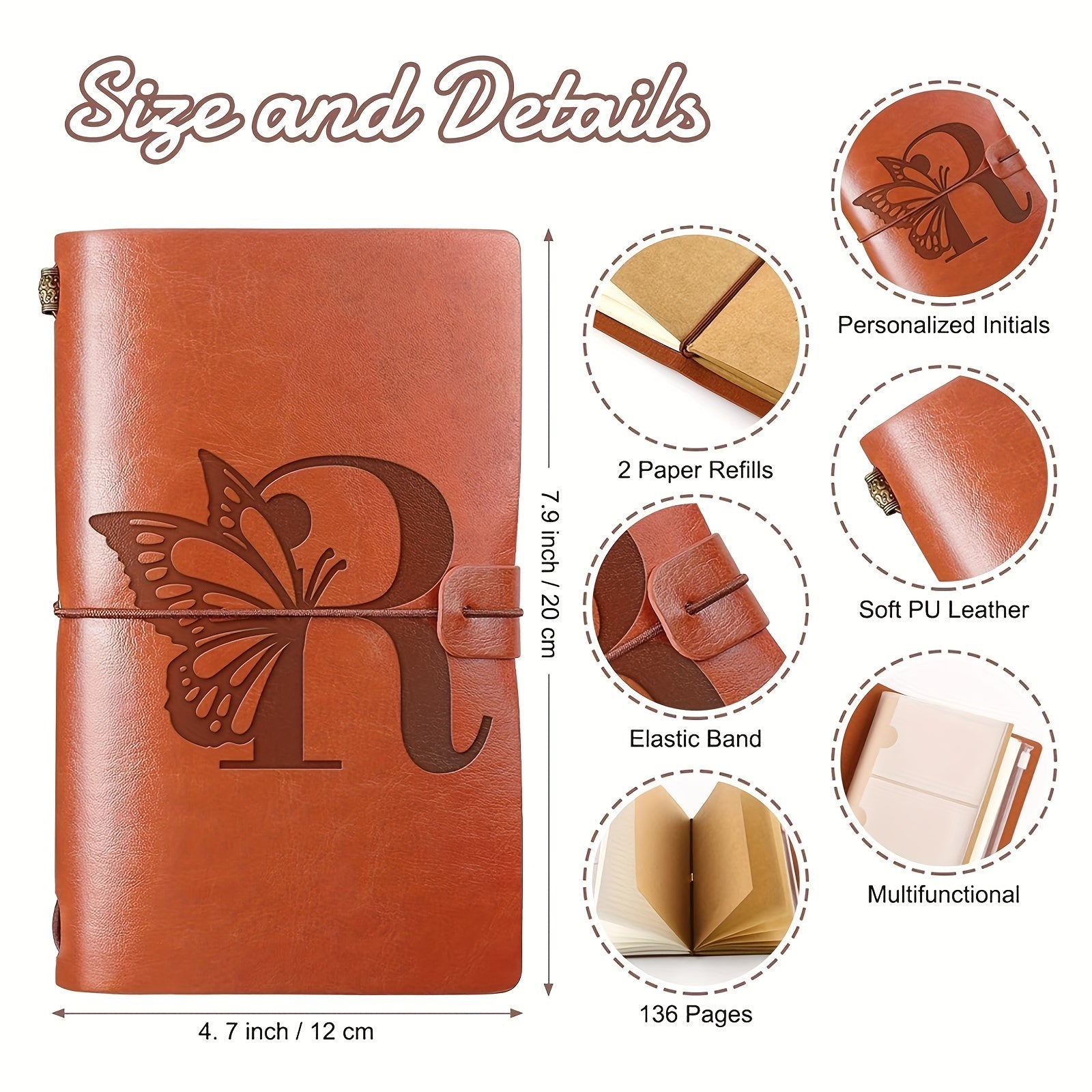 Personalized Initial PU Leather Journal Refillable Notebook