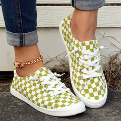 Women's Green Grid Lace Up Shoes Comfy & Lightweight Canvas Shoes