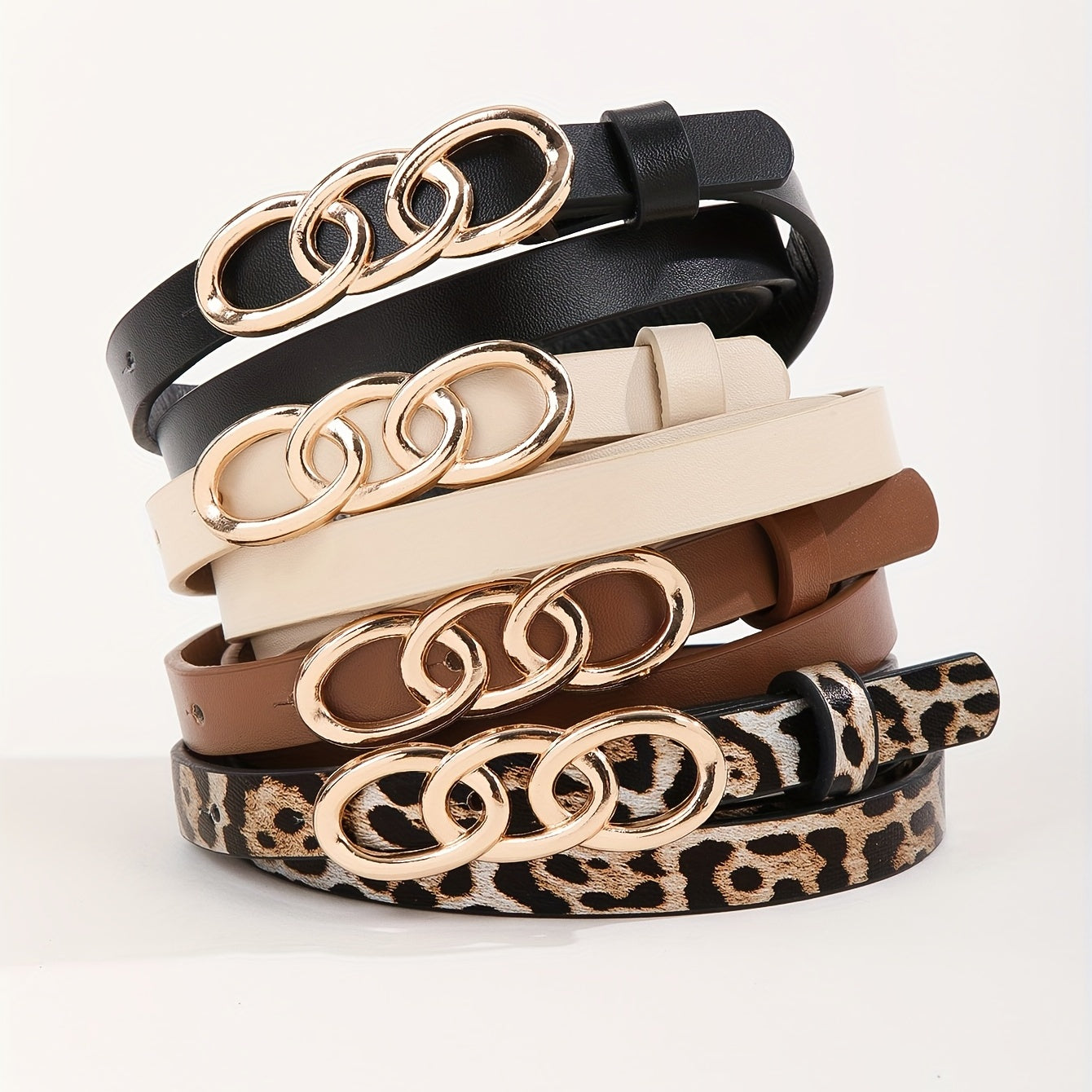 Leopard Print PU Leather Belt Triple Oval Ring Buckle Casual Jeans Pants Belts