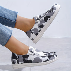 Cow Printed Flat Loafers Round Toe Lace Up Walking Sneakers