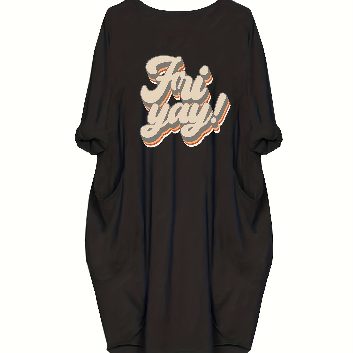  Slogan Print Long Sleeve Round Neck Baggy Dress