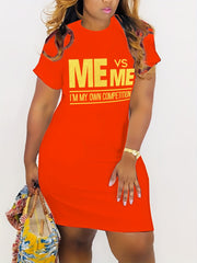  Slogan Print Short Sleeve Round Neck Dress