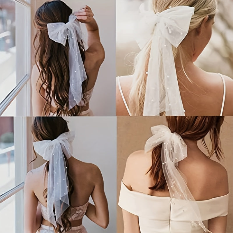 Pearl Bow & Tulle Ribbon Bridal Headpiece Set